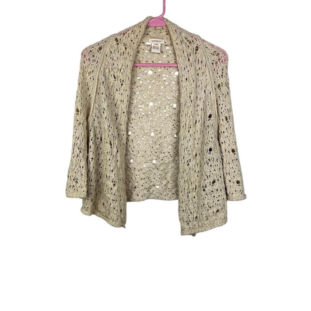 Sundance tan open knit short sleeve cotton cardigan women's size xs